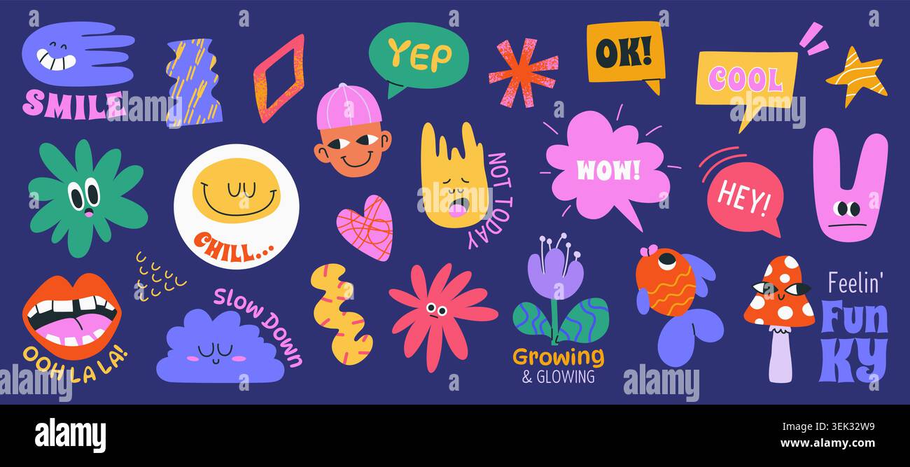 Set artistico funky e ingenuo. Illustrazioni Doodle. Vettore Illustrazione Vettoriale