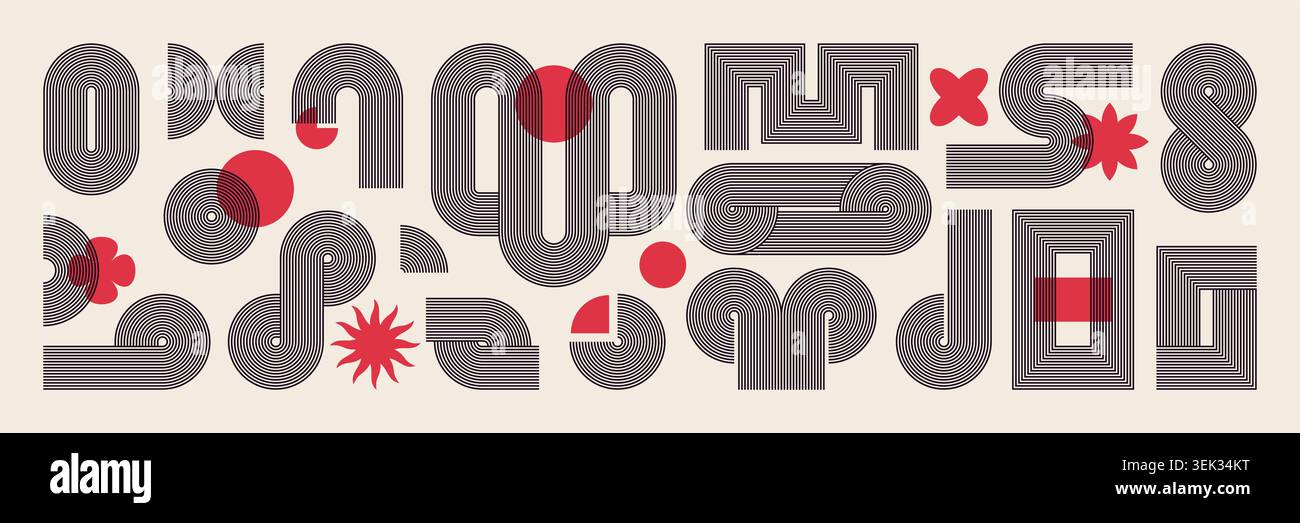 Forme minimali. Arte organica astratta, elementi geometrici del logo o poster con curva circolare. Forme a labirinto con icone rosse e minimaliste. Design contemporaneo con isolamento vettoriale Illustrazione Vettoriale