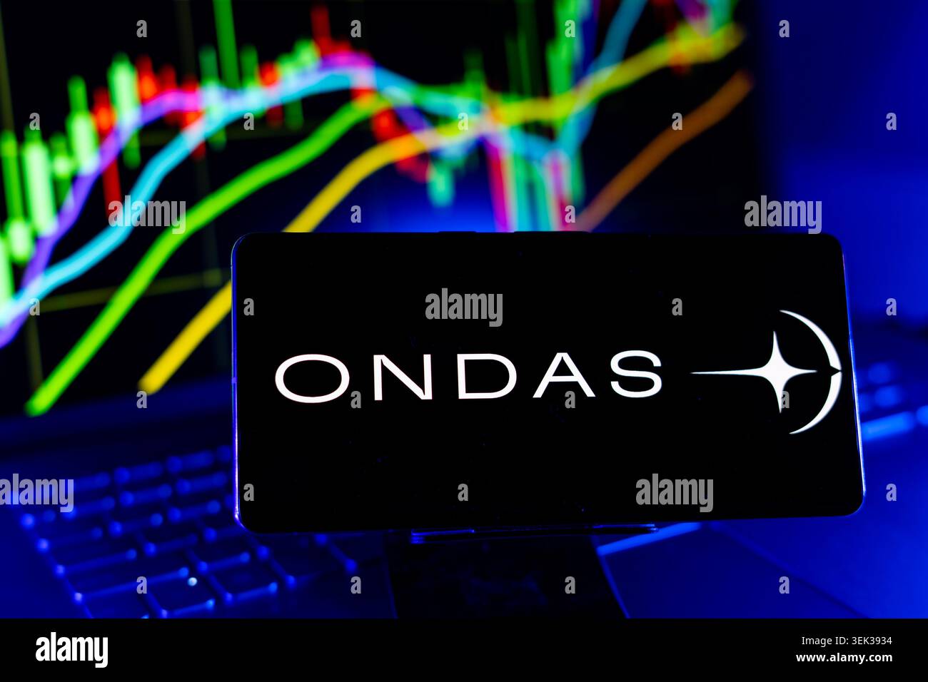 Logo Ondas visualizzato sul telefono cellulare con sfondo grafico delle prestazioni del mercato azionario e interfaccia grafico di negoziazione Foto Stock