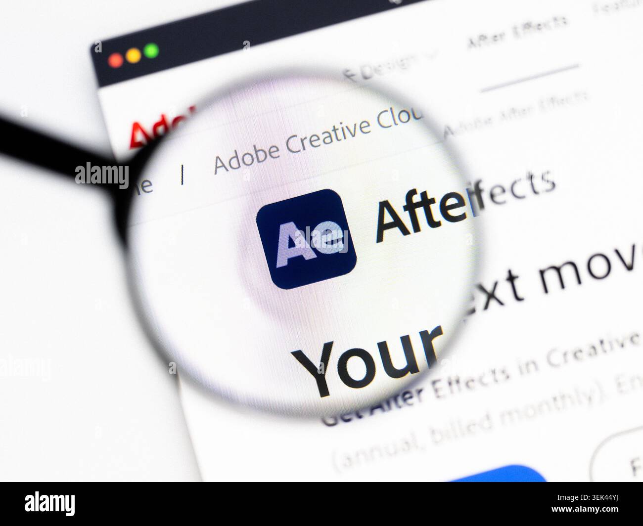 Milano, Italia 2026, 20 aprile primo piano del sito web Adobe After Effects su schermo di un laptop. Concentratevi sul logo Adobe After Effects sotto una lente di ingrandimento. Foto Stock