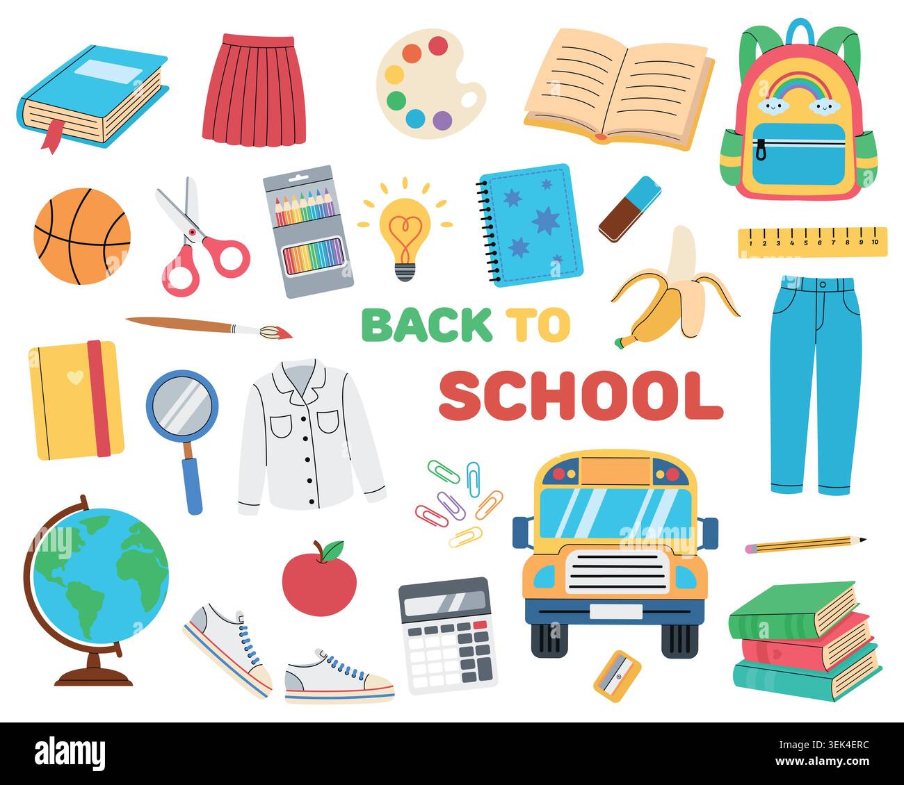 Raccolta di materiali scolastici. Elementi a tema didattico. Torna a scuola. Illustrazioni vettoriali in stile piatto su sfondo bianco. Illustrazione Vettoriale