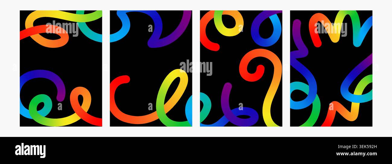 Set di linee curve vettoriali di fusione colore. Elemento doodle a forma di liquido a spruzzo di colore. Pennello a flusso gradiente, scarabocchiate a scottino, direzione per la festa di compleanno Illustrazione Vettoriale