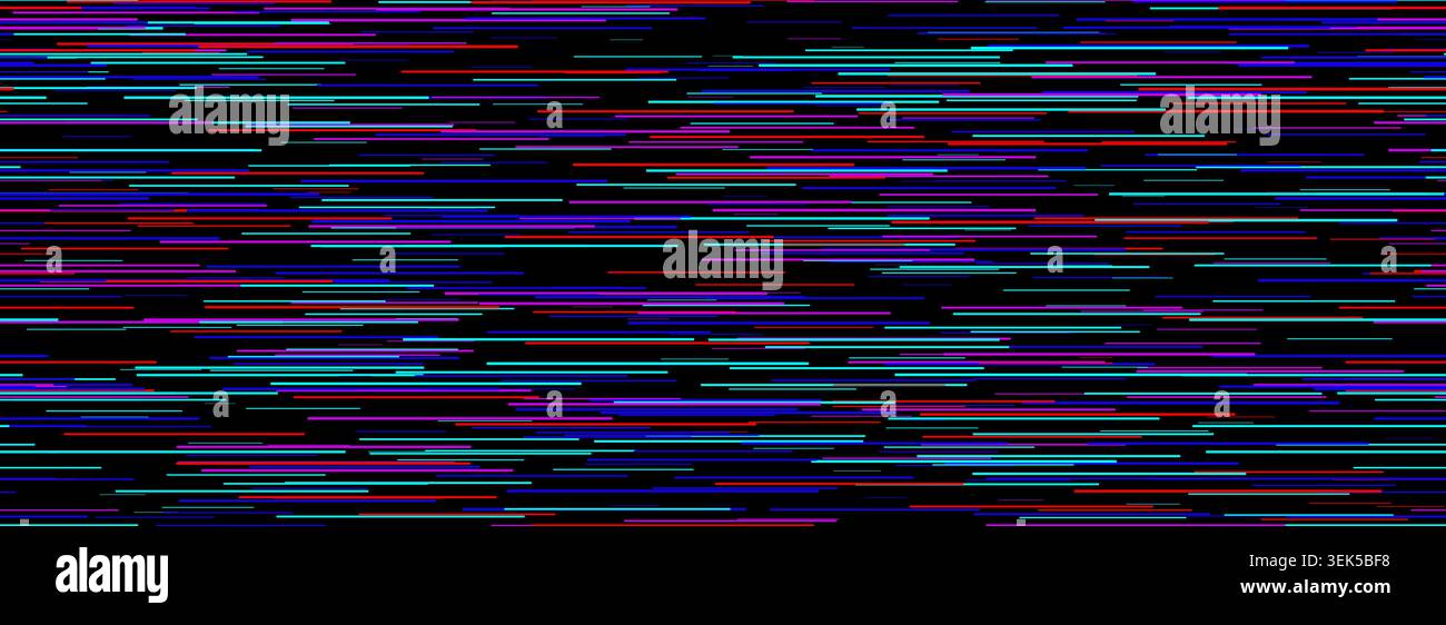 Pattern di rumore di linea casuale senza interruzioni. Schermata di interferenza TV blu-rossa-viola al neon ripetuta. Sfondo linee irregolari orizzontali. Sfondo effetto video glitch o guasto. Sfondo VHS vettoriale Illustrazione Vettoriale