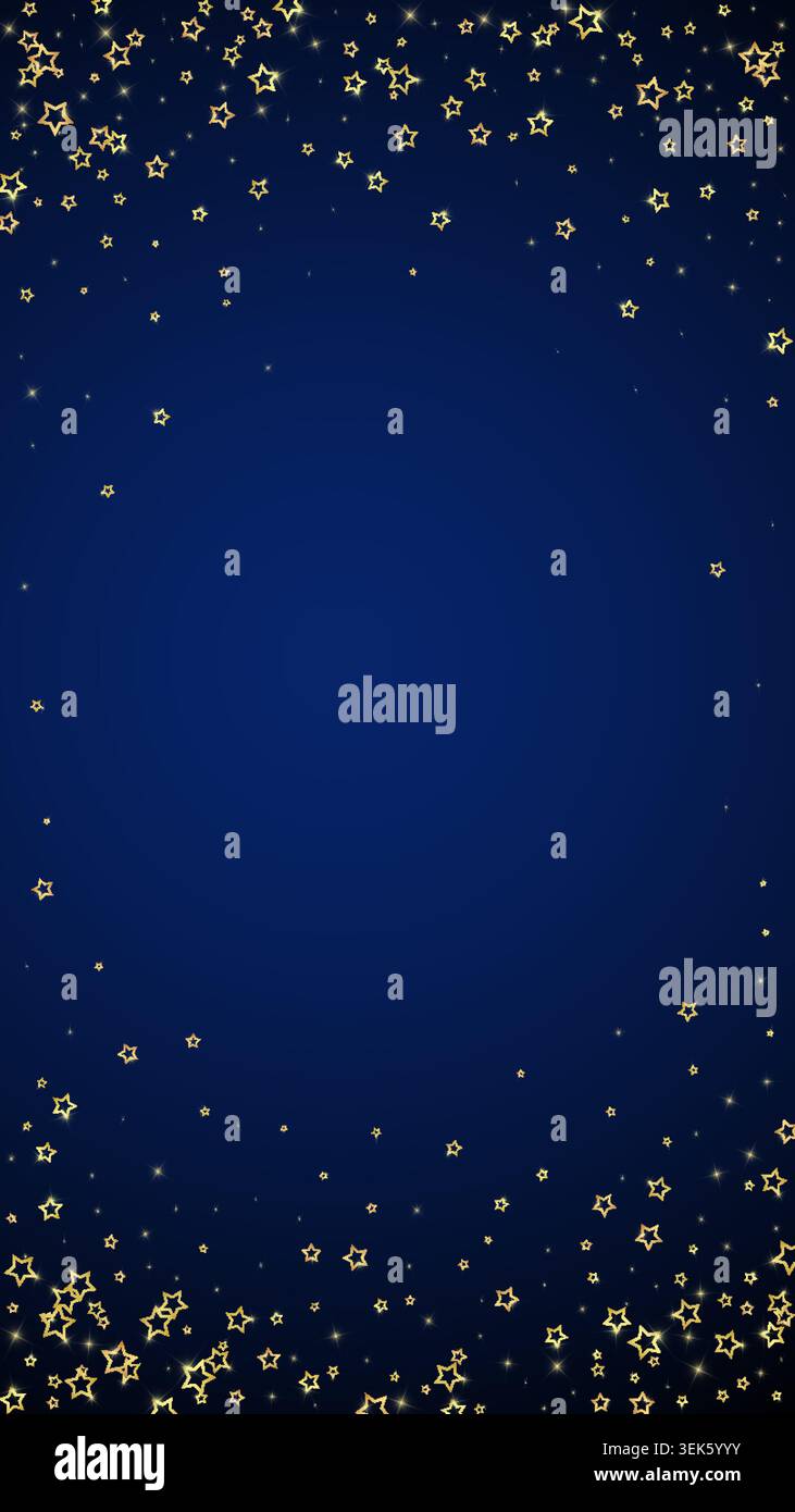 Spirito natalizio. Stelle cadenti sparse. Modello di sovrapposizione per le feste natalizie. Illustrazione vettoriale delle stelle festive su sfondo blu scuro. Illustrazione Vettoriale