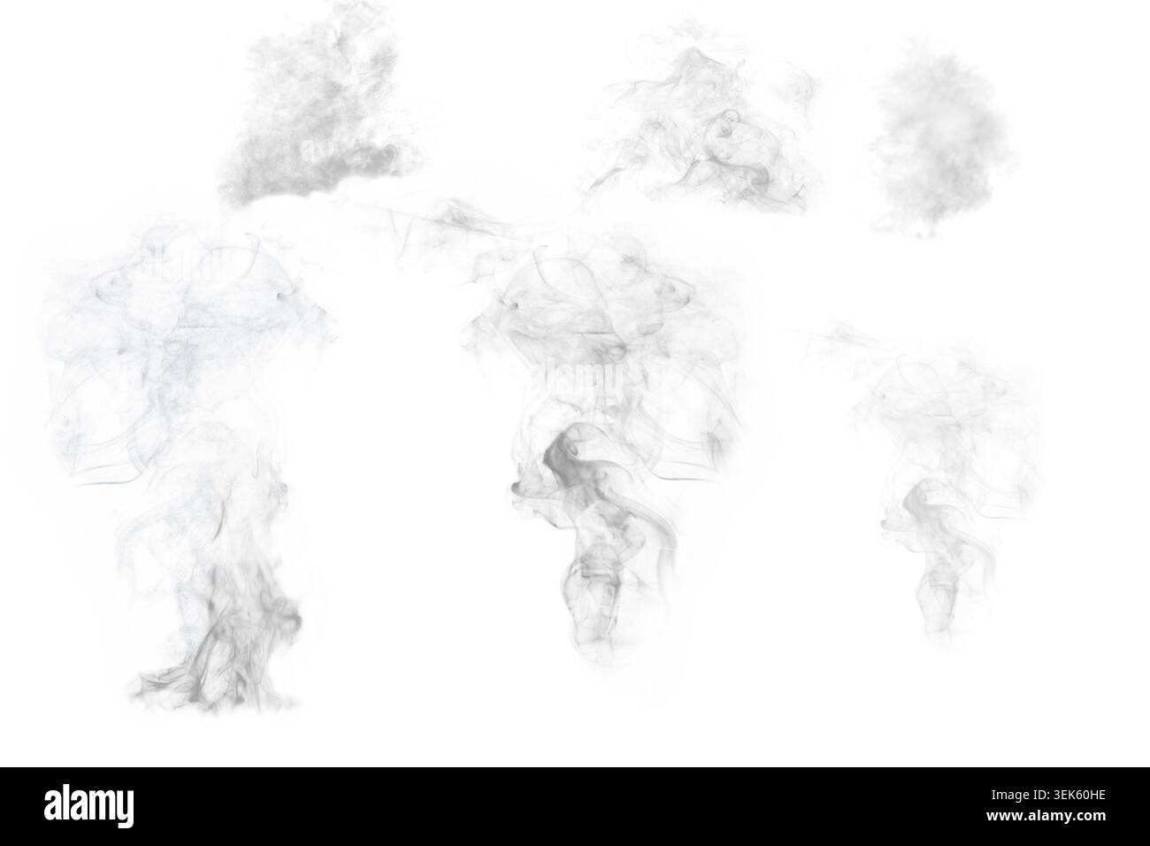 Nebbia, fumo o vapore. Illustrazione acquerello. sullo sfondo. Set di texture di vapori e foschia, isolati dallo sfondo. Tema della cucina, smoki Foto Stock