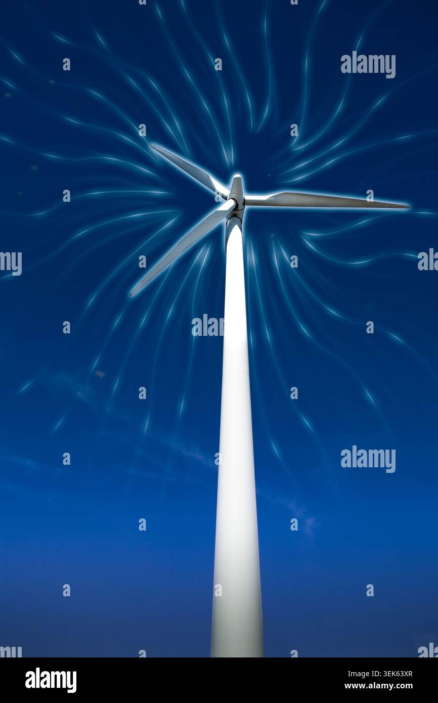Turbine eoliche con linee di flusso di energia incandescenti, energia rinnovabile, generazione di energia pulita, sostenibilità e futuro concetto di tecnologia verde Foto Stock