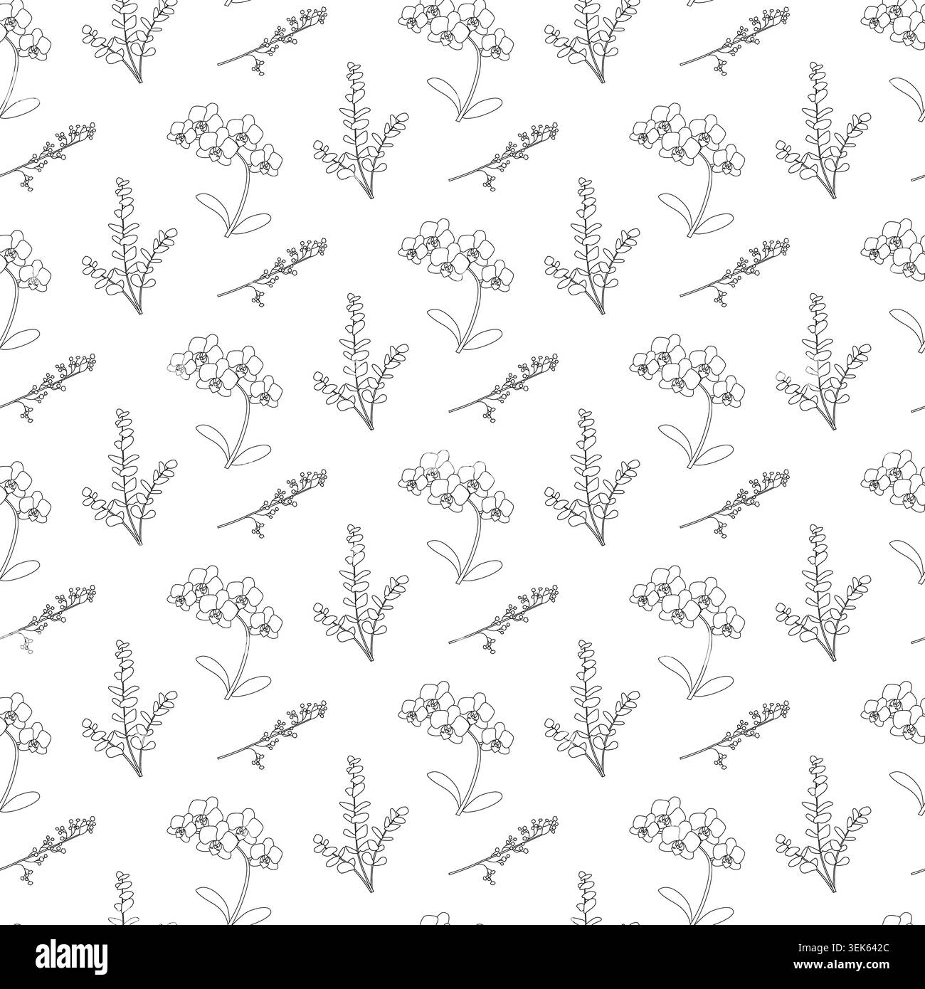 Motivo botanico minimalista senza cuciture con grappoli di fiori, gemme e rami frondosi in una raffinata grafica nera, design elegante per tessuti e wallpape Foto Stock