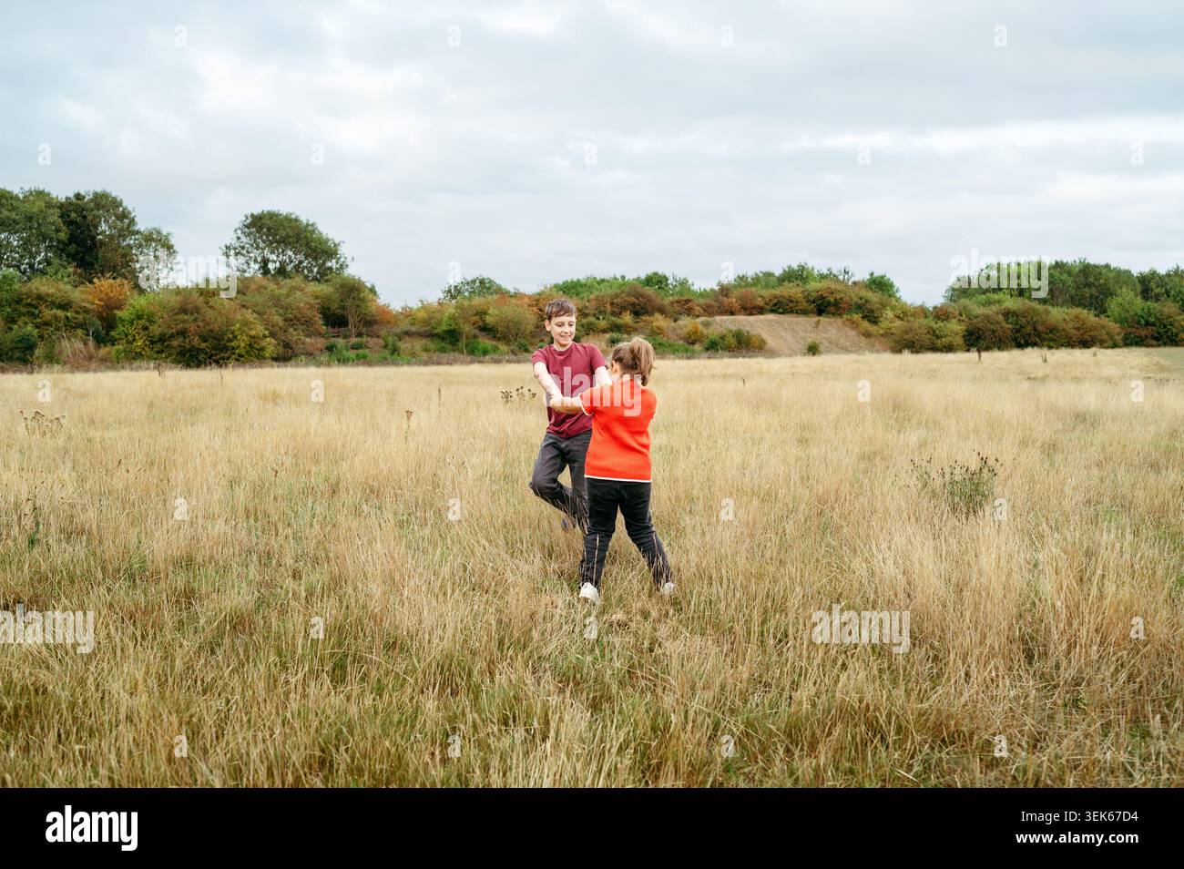 Fratello e sorella che girano insieme in un campo di campagna erboso Foto Stock
