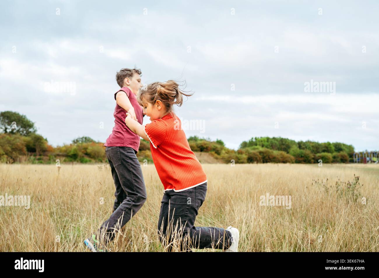 Fratello e sorella giocherelloni che girano insieme nel campo d'erba Foto Stock