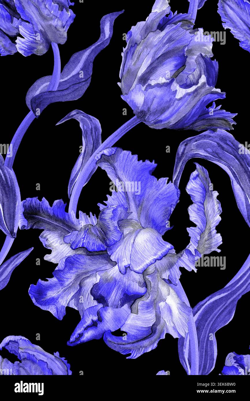 Acquerello blu con motivo tulipano senza cuciture su sfondo blu viola design in tessuto alla moda. Design per la decorazione della copertina della confezione tessuto da cartolina Foto Stock