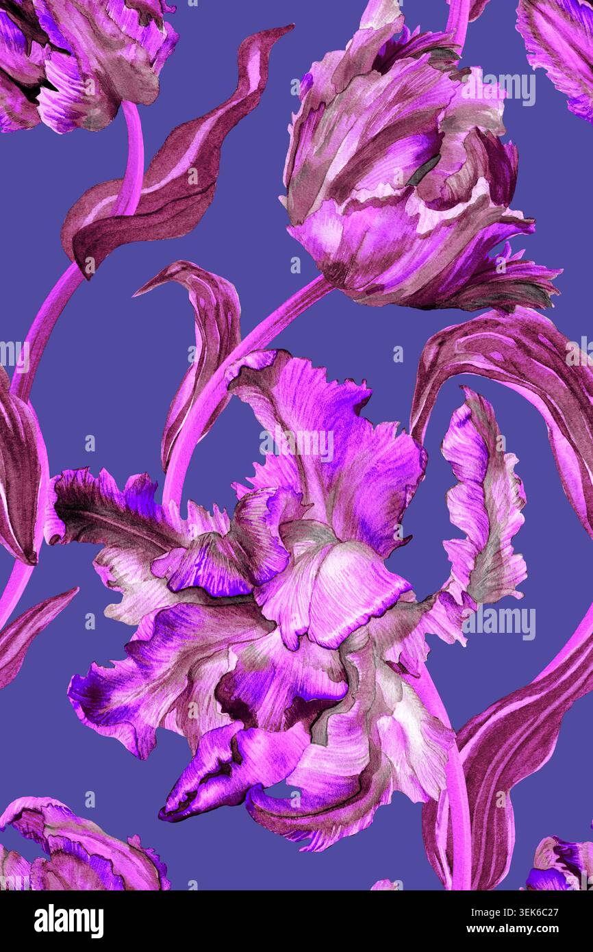 Acquerello viola con motivo tulipano senza cuciture su sfondo blu viola design in tessuto alla moda. Progettazione per decorazione, imballaggio, copertina, cartolina, Foto Stock