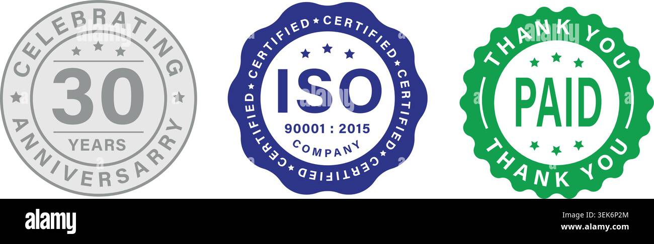 Anniversario certificazione ISO e distintivi di ringraziamento pagati Set di vettori Collection Illustrazione Vettoriale