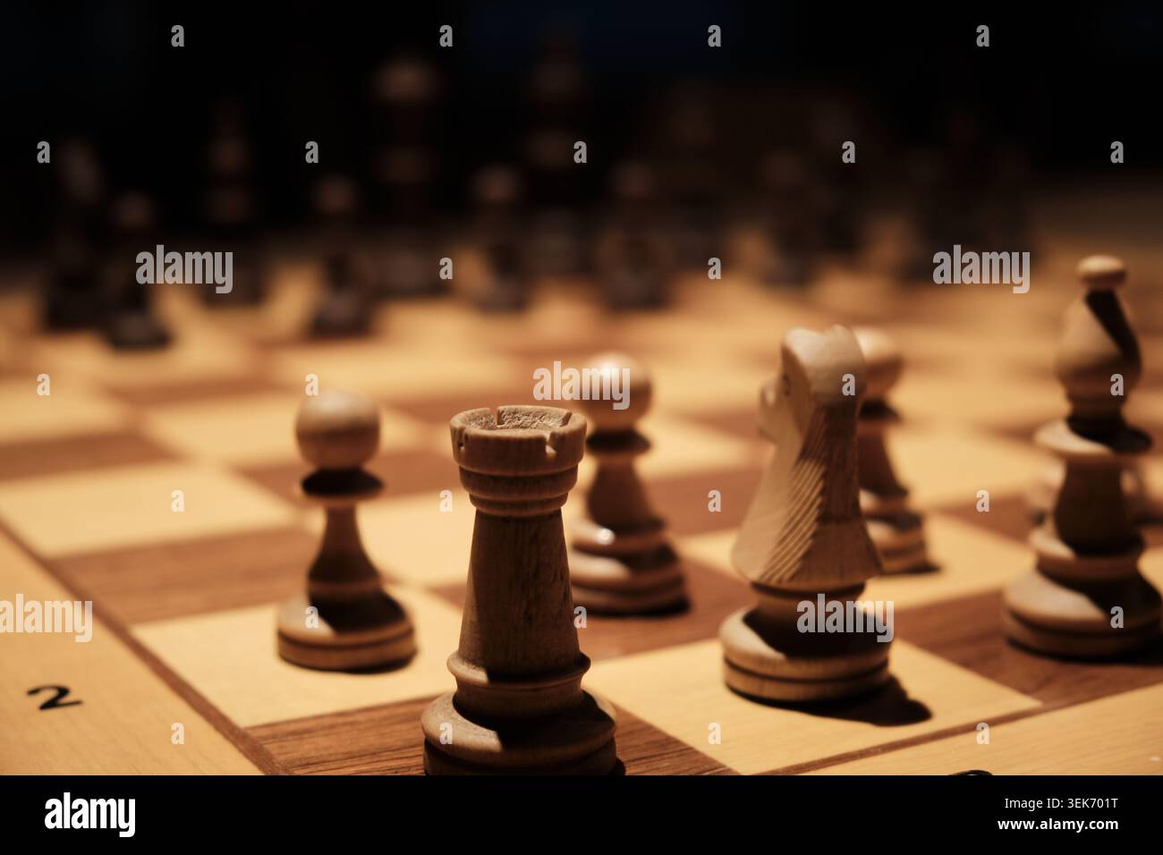 Scacchi di legno disposti su scacchiera durante la partita strategica Foto Stock