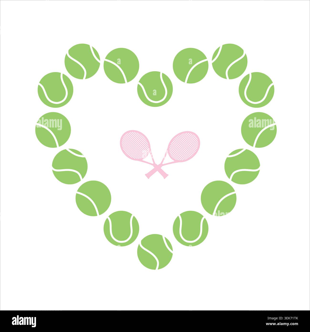 Palla da tennis a forma di cuore con racchette incrociate illustrazione sportiva pastello Illustrazione Vettoriale