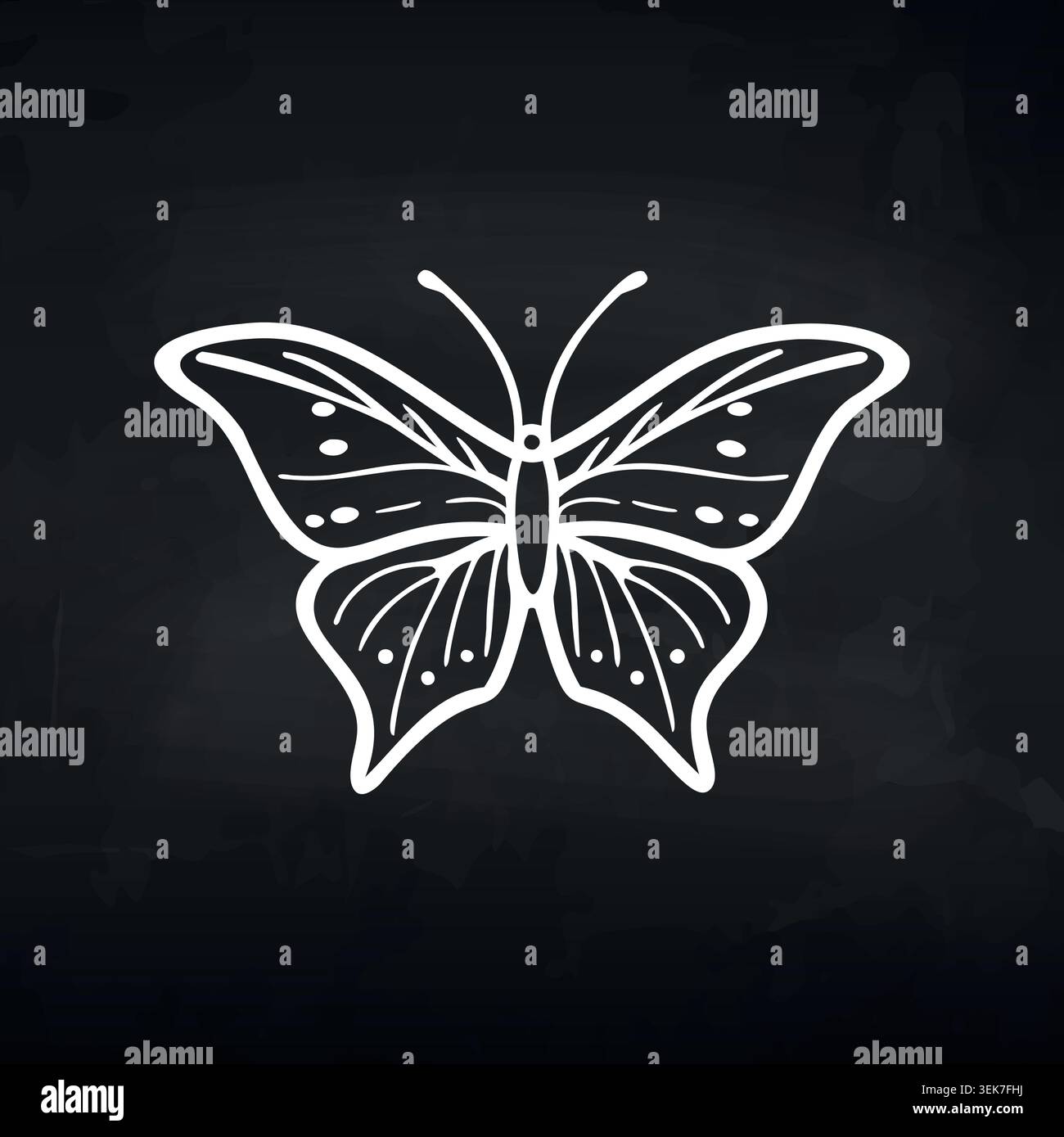 Illustrazione a farfalla bianca con motivi alari dettagliati su uno sfondo nero, che mostra intricati lavori di linea e elementi di design simmetrici per Illustrazione Vettoriale