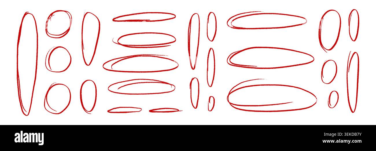 Set di ovali ed ellissi disegnati a mano in pastello rosso. Cerchi irregolari, segni di evidenziazione dello schizzo e cornici per scarabocchi. Elementi di annotazione vettoriale per enfasi testo, note, etichette, commenti e design Illustrazione Vettoriale