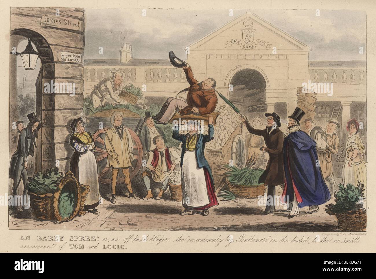 Regency Gentlemen che si divertono a scommettere con i venditori di prodotti al Covent Garden, 1829. La famosa donna forte Kathleen Flannagan porta un uomo obeso sulla testa per una scommessa. Paga un sovrano per essere abbattuto presto. Angolo tra James Street e Covent Garden, il mercato ortofrutticolo costruito dall'architetto Charles Fowler per il Duca di Bedford, con il suo stemma e il motto che Sara Sara Sara. Una Sprea precoce o una scommessa fuori mano. L'insolitamente grande gentiluomo nel cestino, al divertimento non piccolo di Tom e Logic. Incisione su lastra di rame colorata a mano disegnata e incisa da Isaac Robert Cruikshank di Pi Foto Stock