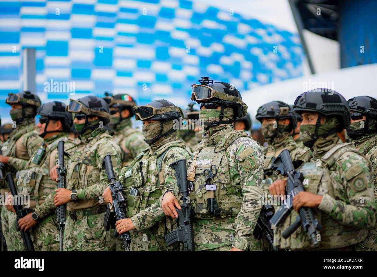 Il personale militare armato che indossa attrezzature mimetiche tattiche si trova in formazione per la sicurezza durante un evento sportivo di massa allo stadio Foto Stock