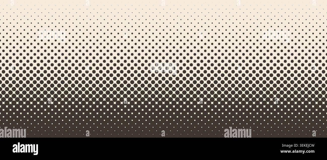 Sfondo gradiente mezzitoni beige. Trama a pois ripetuta con dissolvenza invecchiata. Vecchio schema di gradazione punteggiato ripetuto. Sfondo sovrapposto fumettistico pop art. Sfondo effetto raster cartone animato vettoriale Illustrazione Vettoriale