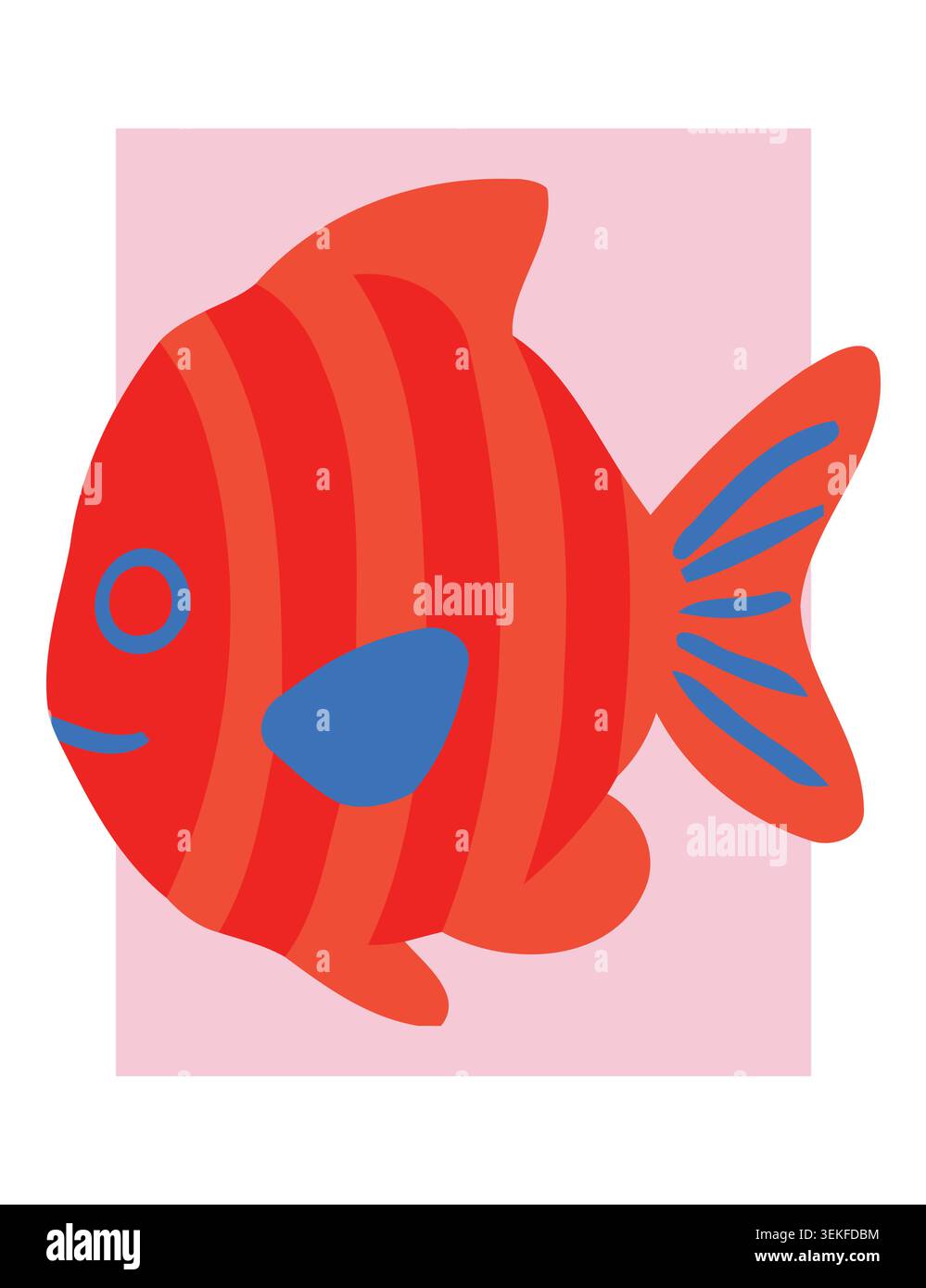 Pesce rosso brillante con accenti blu in stile vettoriale piatto, su un morbido sfondo rosa. Ideale per illustrazioni di animali acquatici, libri per bambini Illustrazione Vettoriale
