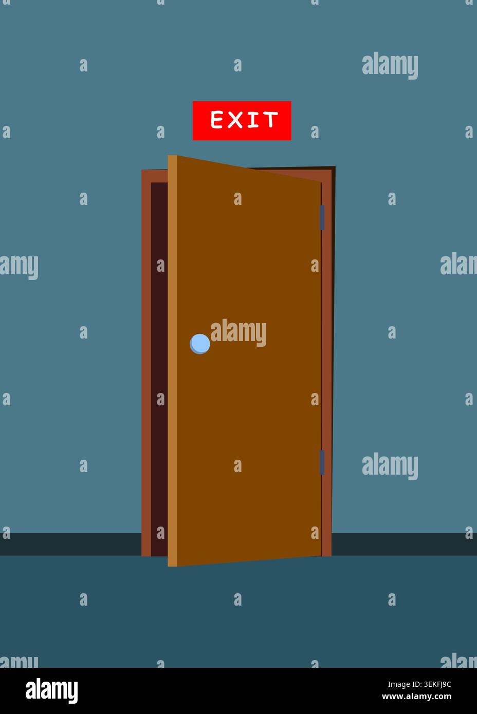 Una porta di uscita in legno marrone si trova leggermente socchiusa in una stanza fioca con un segnale di emergenza rosso sopra. Illustrazione stock Illustrazione Vettoriale