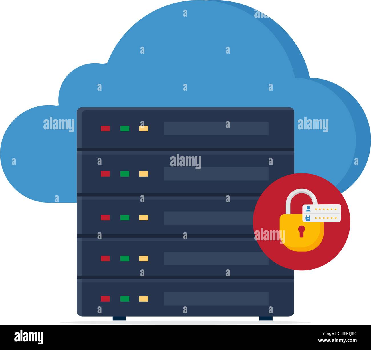 Rack server cloud sicuro con lucchetto e campi di accesso per la protezione dei dati e la privacy. Illustrazione stock. Illustrazione Vettoriale