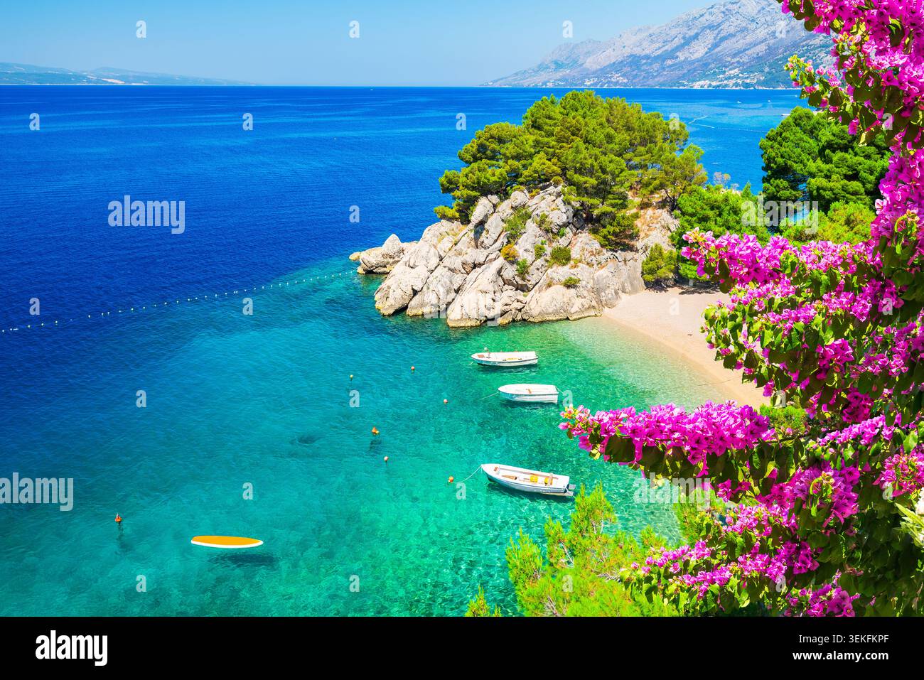 Riviera di Makarska, Croazia - Plaza Podrace, Brela - Dalmazia. Acque cristalline, spiagge di ciottoli bianchi e lussureggianti foreste di pini. Foto Stock