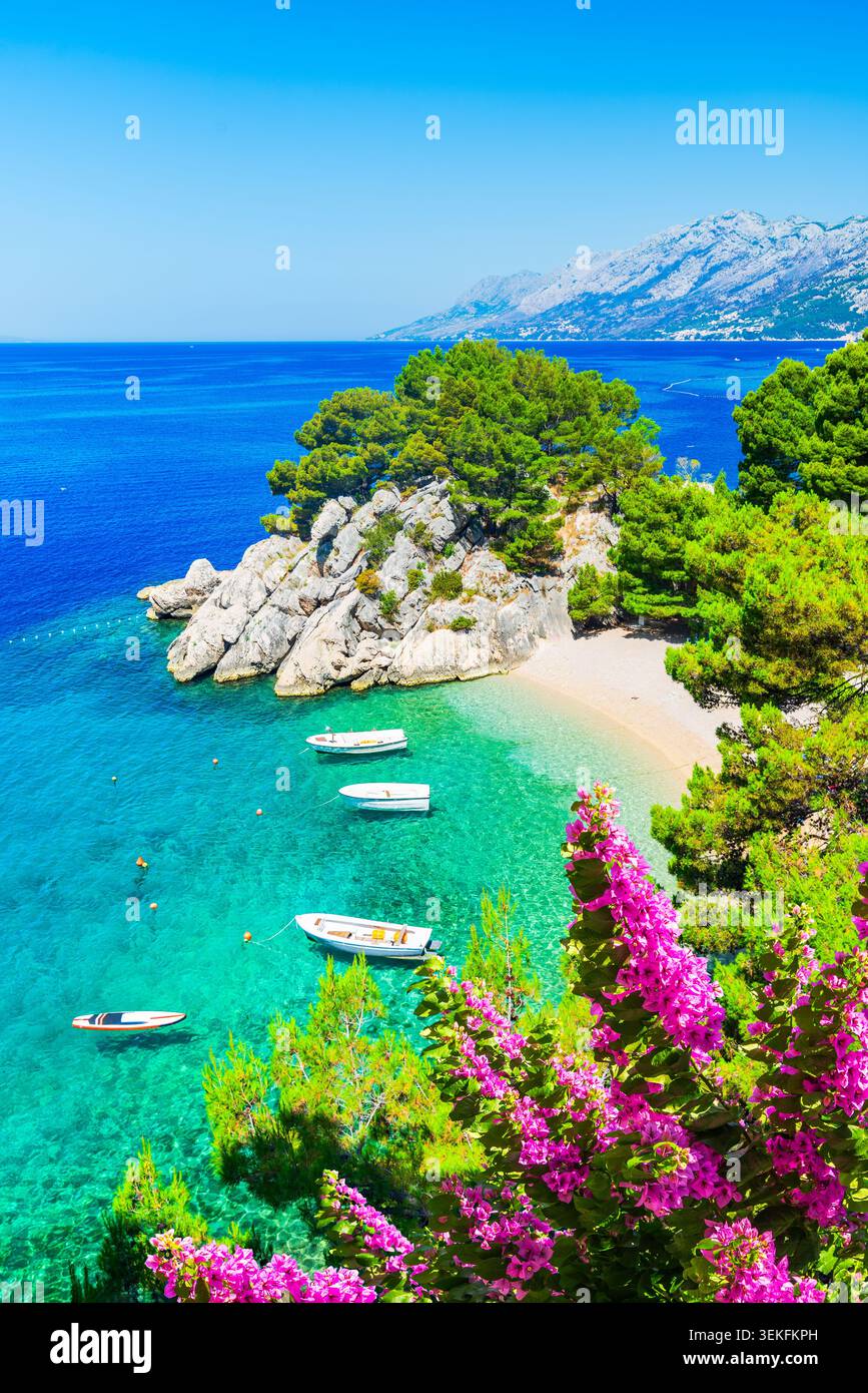 Riviera di Makarska, Croazia - Plaza Podrace, Brela - Dalmazia. Acque cristalline, spiagge di ciottoli bianchi e lussureggianti foreste di pini. Foto Stock