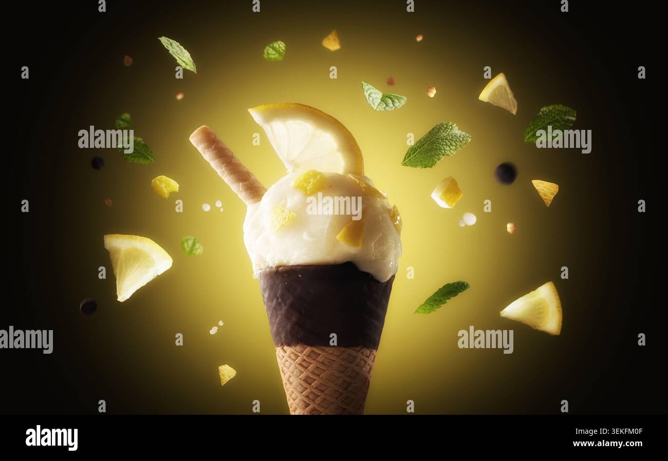 Gelato al limone in un cono ricoperto di cioccolato con fette di limone galleggianti, pezzi di agrumi e foglie di menta su sfondo giallo brillante. Foto Stock