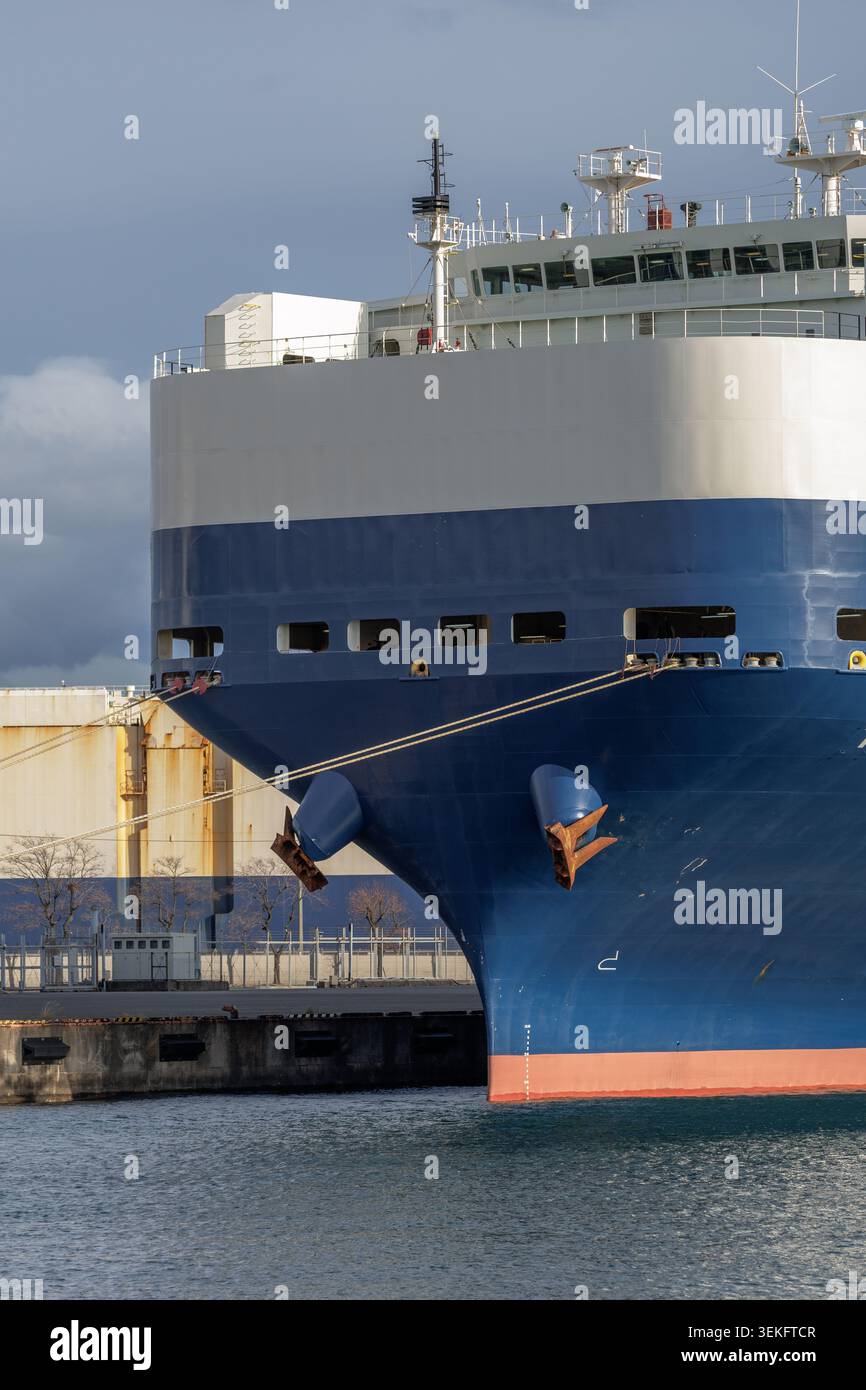 Le linee di ormeggio si estendono dai morsi di ormeggio della prua di un portabagagli nel porto industriale, con ancoraggi inseriti negli alloggiamenti che sporgono dallo scafo delle navi. Foto Stock