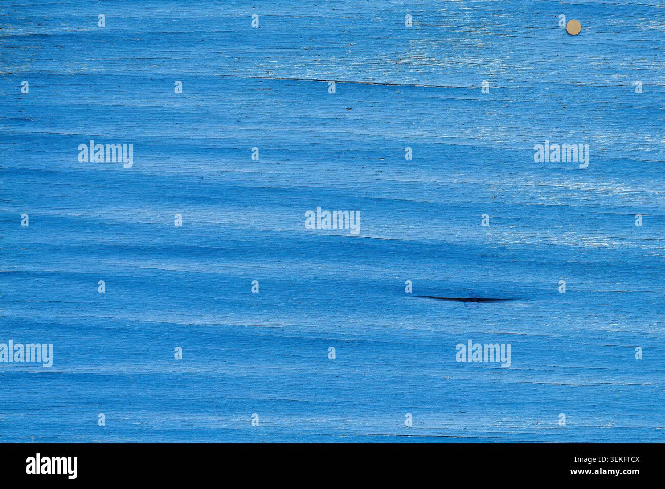 La puntina metallica e la piccola crepa sorridente aggiungono consistenza a un pannello di legno blu con grana orizzontale fine e sottili rilievi che creano motivi ondulati. Foto Stock