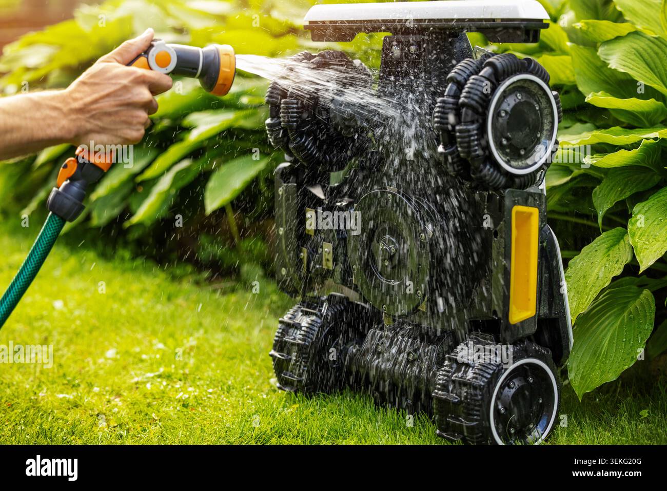 Pulizia del rasaerba robotizzato. Lavaggio con acqua dal tubo flessibile da giardino Foto Stock