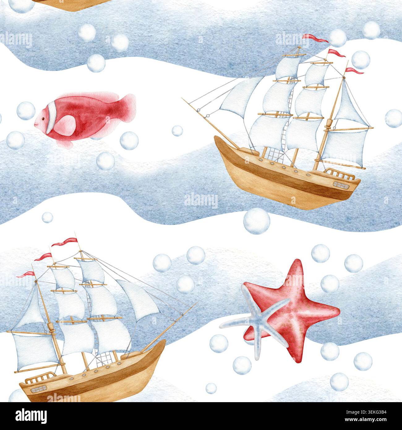 Acquerello senza cuciture con barche a vela, stelle marine, pesci rossi e bolle su sfondo blu ondulato. Carta digitale marina disegnata a mano per il textil estivo Foto Stock