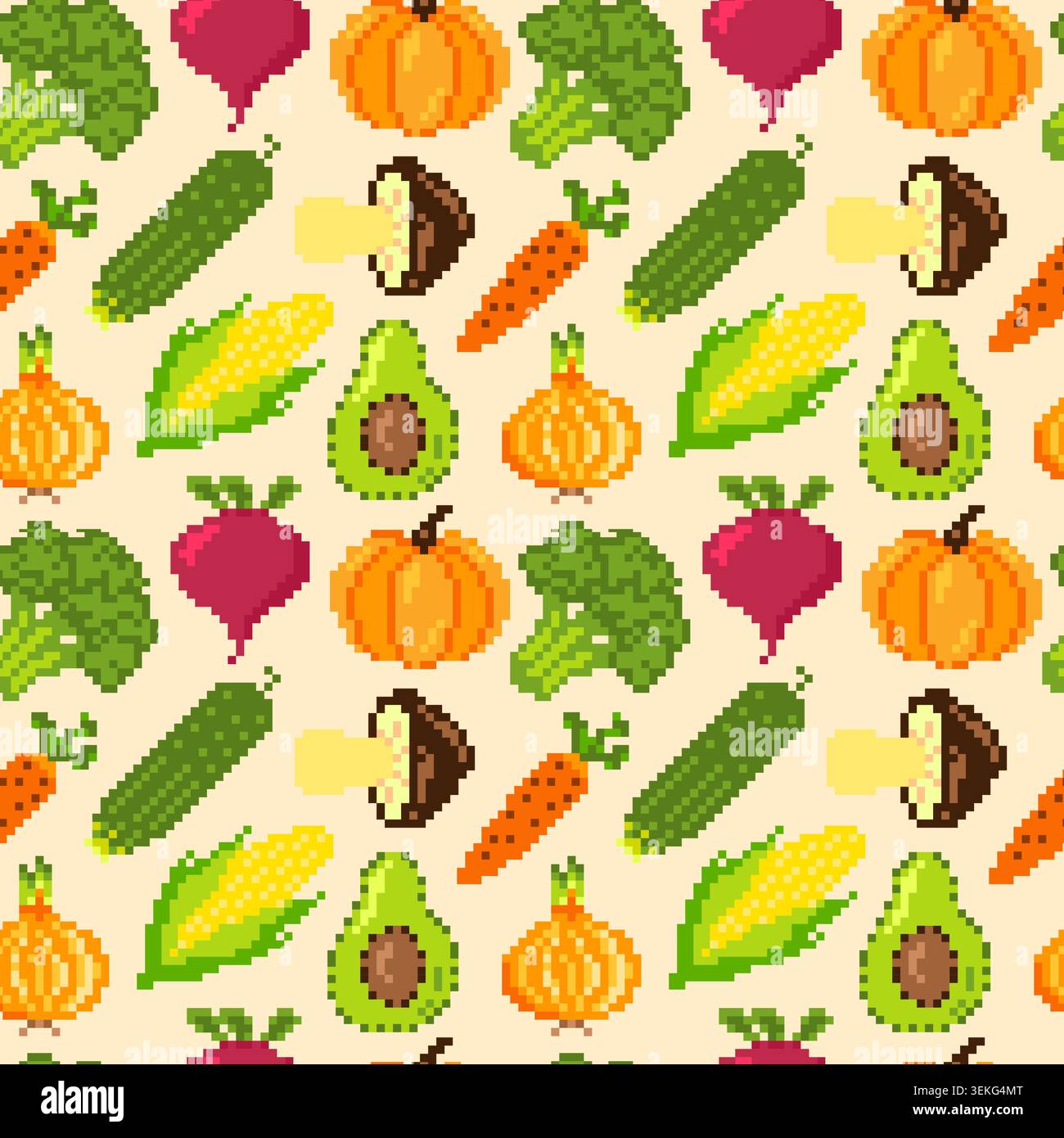 Fantasia vegetale pixel art senza cuciture con broccoli, cetrioli, carote, mais, avocado, cipolla, zucca, barbabietola e funghi. Ripetizione retro a 8 bit Illustrazione Vettoriale