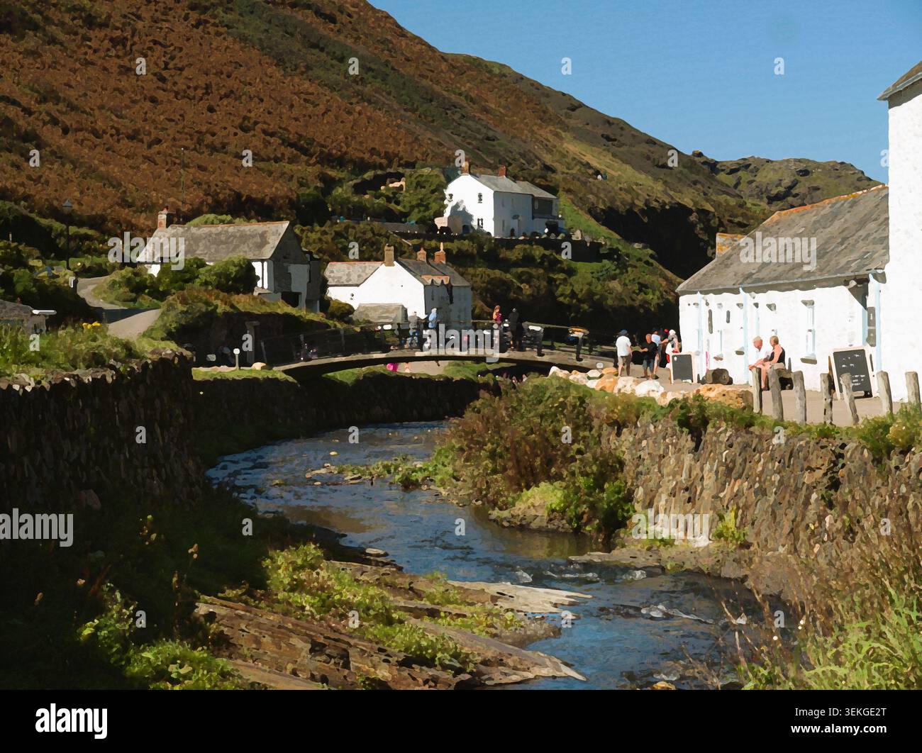 Il fiume Valency scorre sotto il ponte pedonale che collega i due lati del Boscastle, Cornovaglia. A questa immagine originale è stato assegnato un effetto di pittura a d Foto Stock
