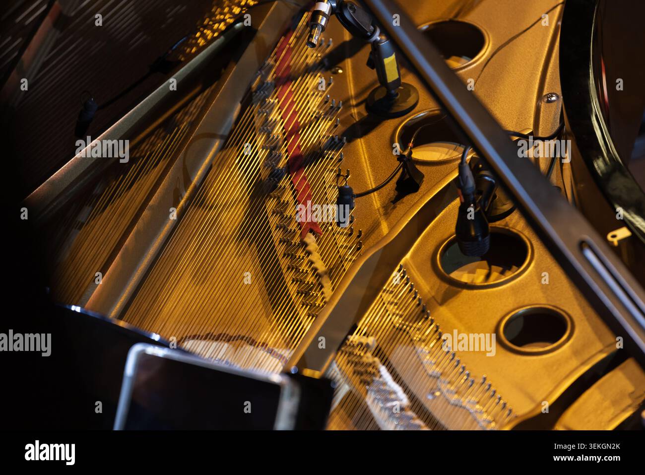 Vista ravvicinata dell'interno di un pianoforte a coda con corde, spille e microfoni montati per la registrazione o l'esecuzione dal vivo. Toni dorati caldi evidenziano t Foto Stock