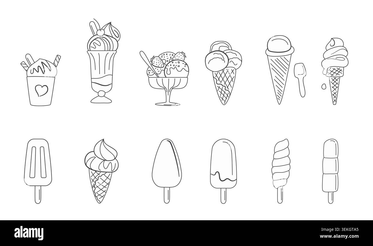 Collezione di gelati disegnati a mano con coni, papaveri, sundae, milkshake e icone gelato in stile semplice, con illustrazione vettoriale isolata su sfondo bianco Illustrazione Vettoriale