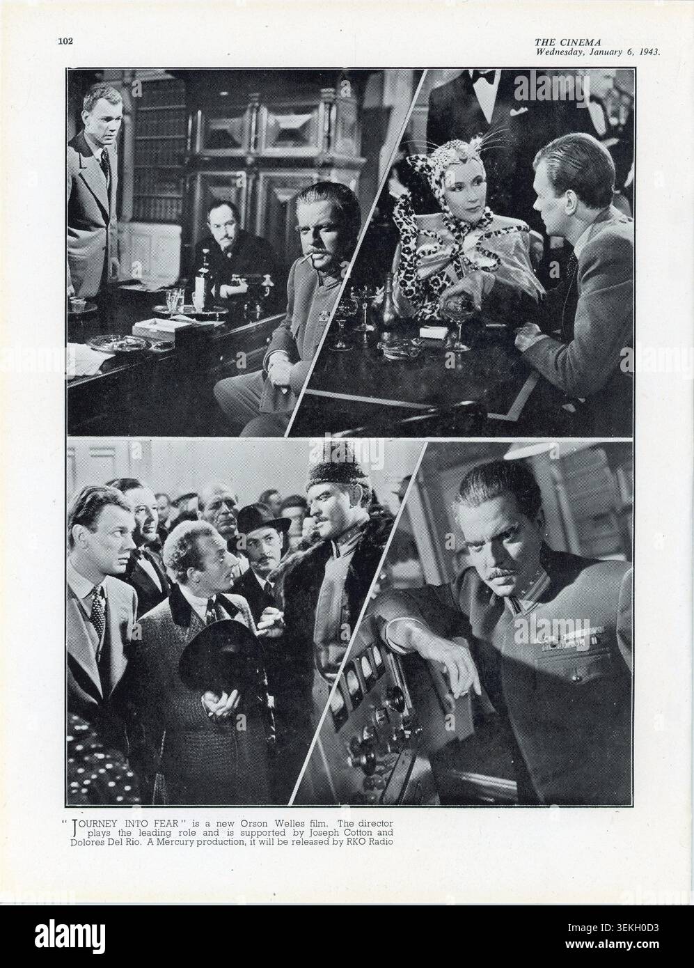 ORSON WELLES JOSEPH COTTEN DOLORES DEL RIO e EVERETT SLOANE in JOURNEY INTO FEAR 1943 registi NORMAN FOSTER e (non accreditato) ORSON WELLES romanzo Eric Ambler sceneggiatura Orson Welles e Joseph Cotten musica Roy Webb produttore Orson Welles Mercury Productions / RKO radio Pictures Foto Stock