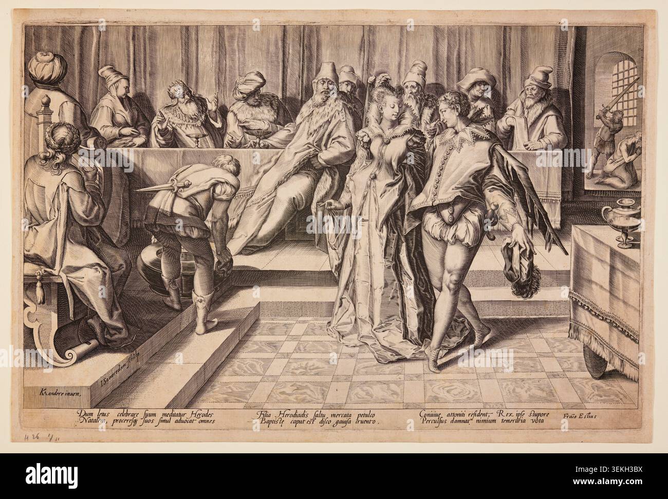 Salome Danza davanti a Erode di Jan Saenredam dopo Karel van Mander, c. 1592, raffigurante il ballerino biblico che si esibisce davanti al re e alla sua corte in una sala del palazzo riccamente nominata Foto Stock