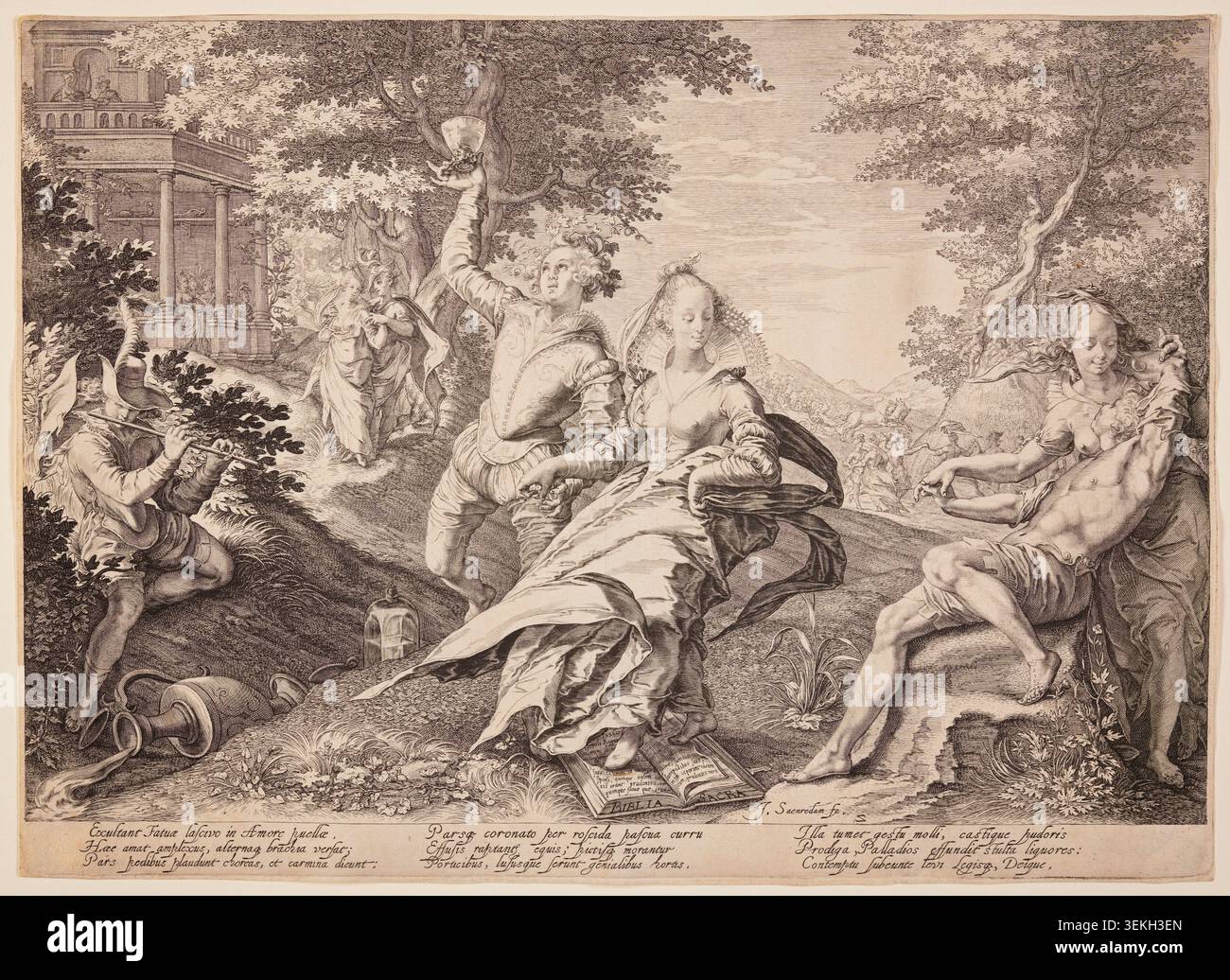 Stupide Vergine rivelatrici, dalla parabola delle Vergini sagge e sciocche di Jan Saenredam, 1606, raffiguranti giovani donne che ballano e banchettano in un giardino vicino all'architettura classica Foto Stock