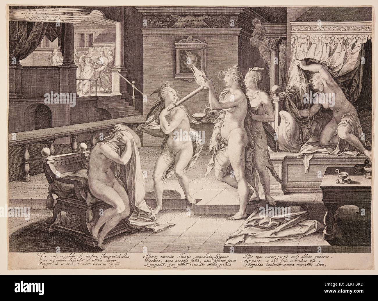 Vergini che ricevono le loro lampade, dalla parabola delle Vergini sagge e sciocche di Jan Saenredam, 1606, raffigurano figure femminili in un sontuoso interno che riceve lampade ad olio, con assistenti ed elementi architettonici classici Foto Stock