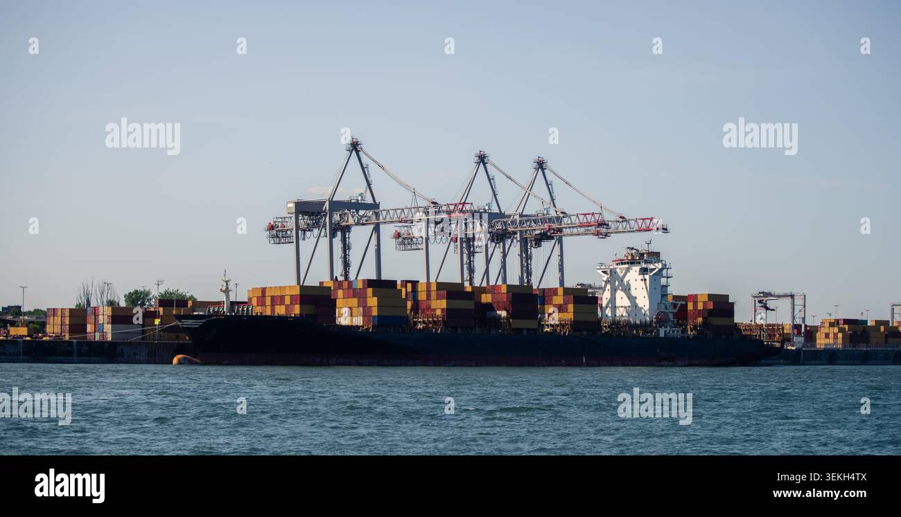 Una nave portacontainer carica di container ancorati in un porto commerciale, con gru torreggianti e infrastrutture sul lungomare sullo sfondo. Foto Stock