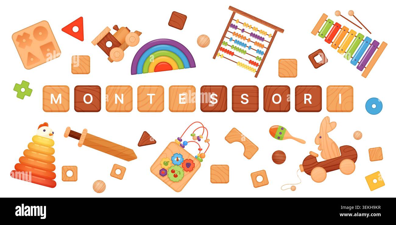 Colorati cubetti Montessori con giocattoli educativi in legno, impilatore arcobaleno, abaco, xilofono e blocchi disposti per l'apprendimento precoce, isolati su sfondo bianco illustrazione vettoriale Illustrazione Vettoriale