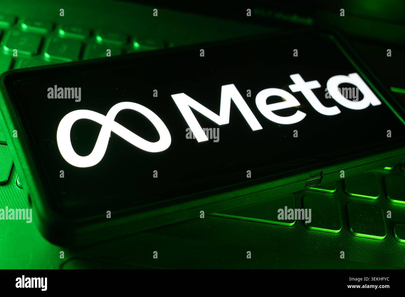 Meta Platforms Logo aziendale display su schermo con tecnologia informatica sfondo tastiera e spazio di lavoro per la comunicazione digitale dei social media Foto Stock