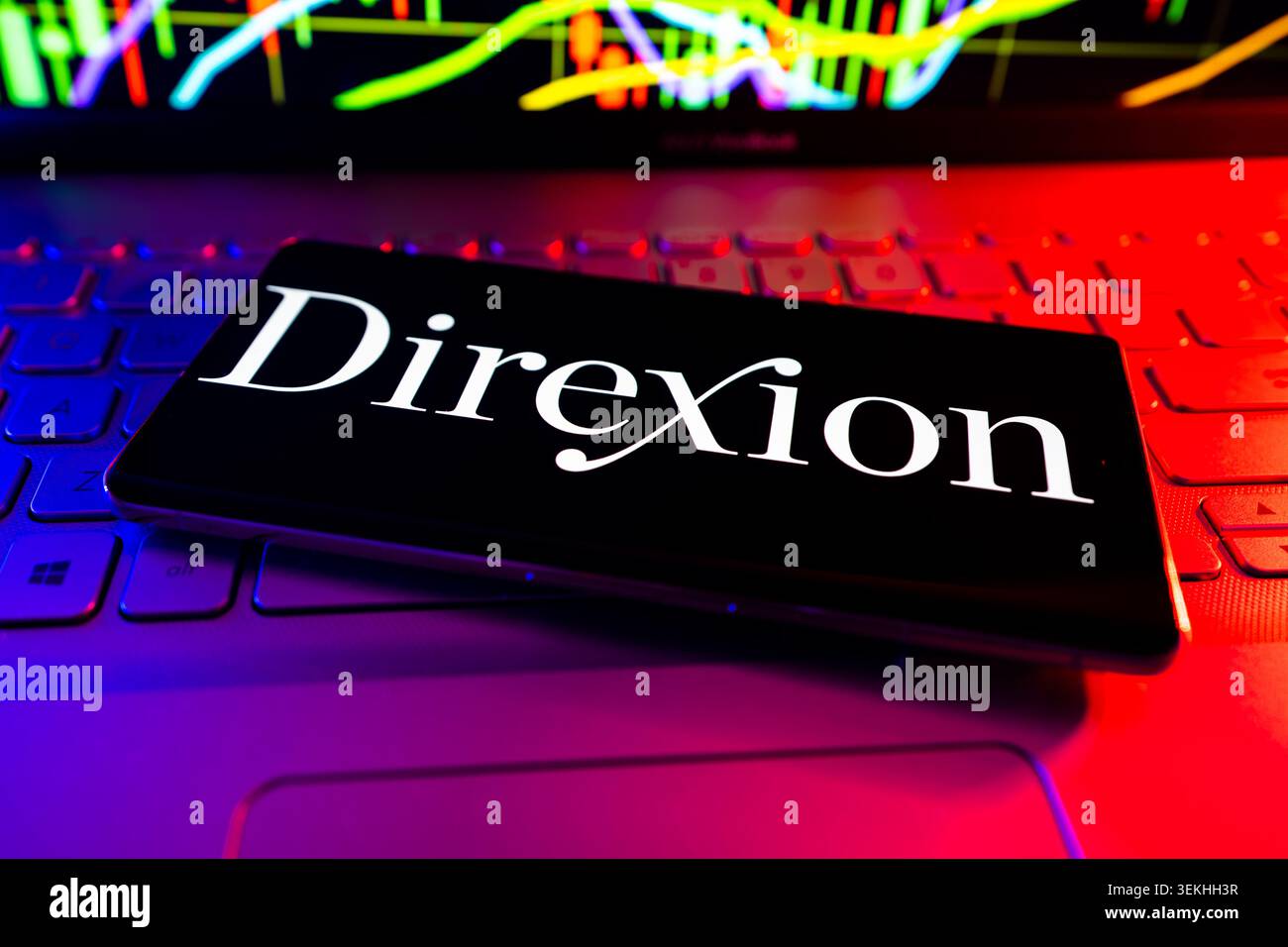 Logo aziendale Direxion Investments visualizzato sullo schermo Mobile con sfondo grafico finanziario delle scorte Foto Stock