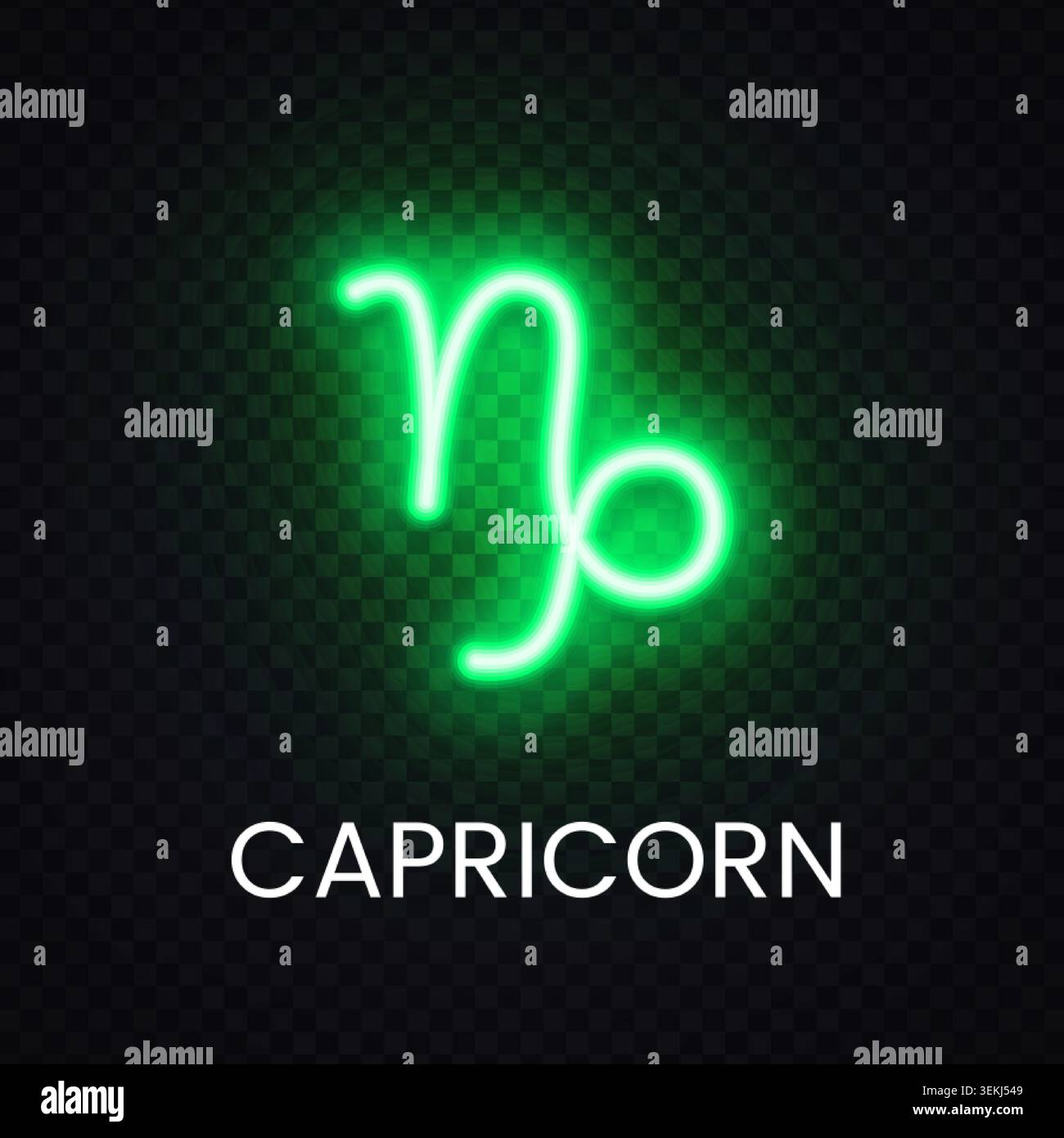 Insegna al neon Capricorno verde con effetto luminoso. Brillante illustrazione zodiacale per modello astrologico, marchio oroscopo e grafica celeste. Illustrazione Vettoriale
