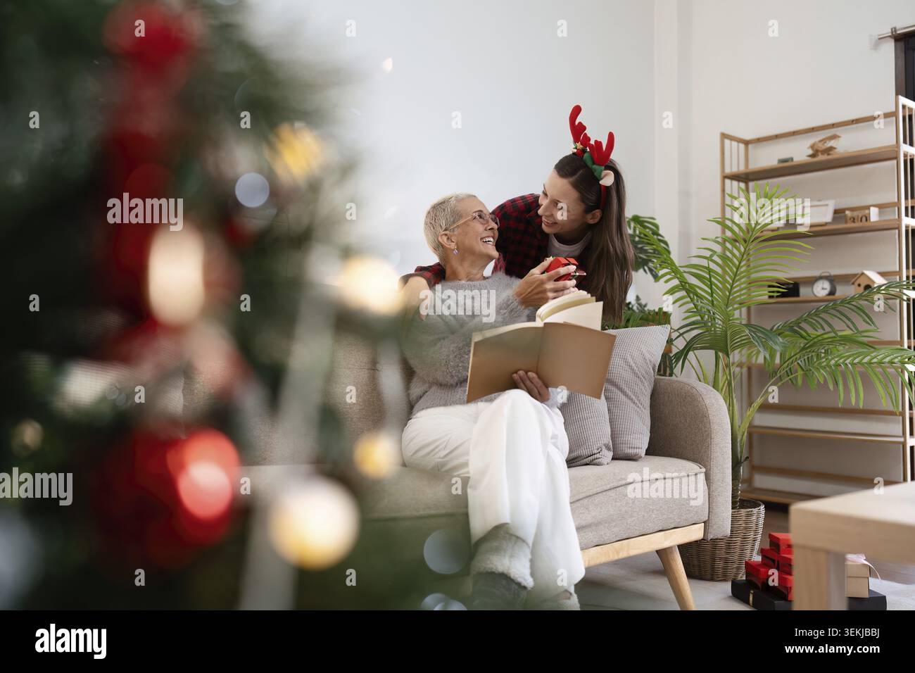 La figlia ha fatto un regalo a sorpresa alla madre per Natale mentre la madre stava leggendo un libro sul divano Foto Stock