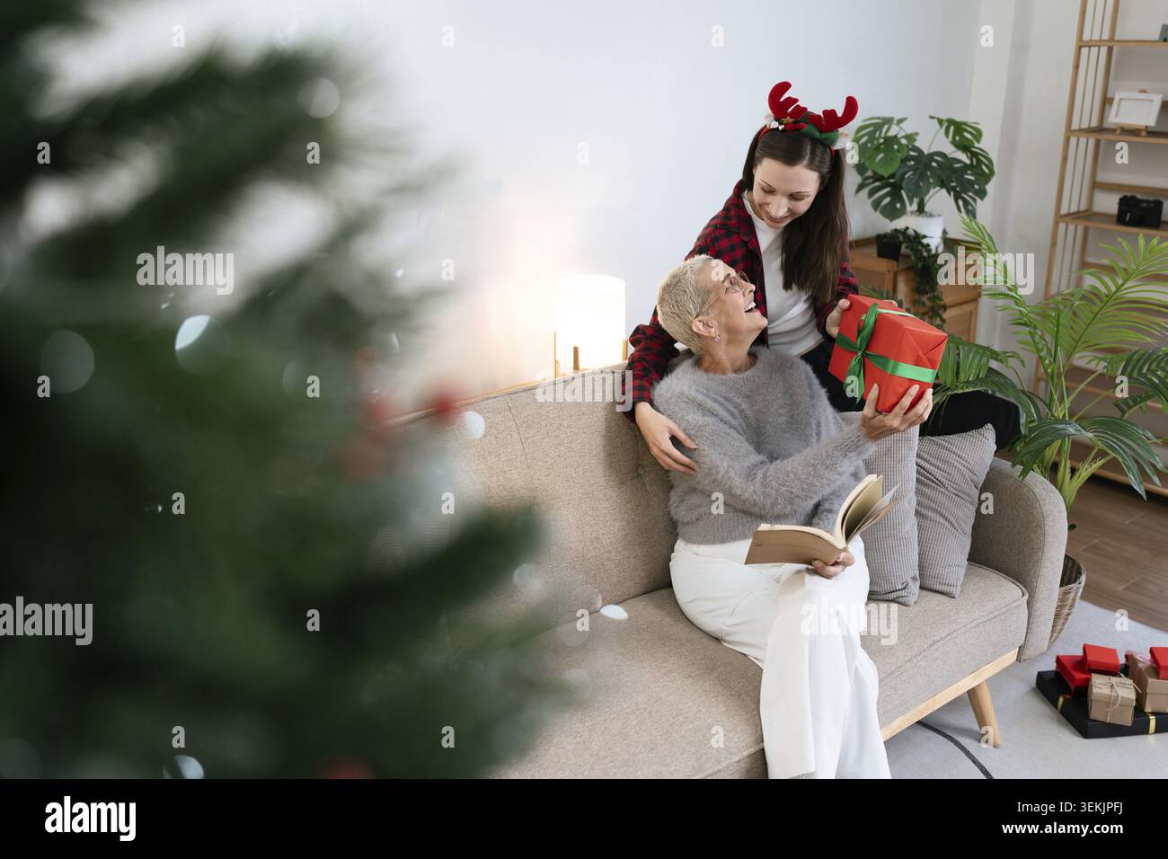 La figlia ha fatto un regalo a sorpresa alla madre per Natale mentre la madre stava leggendo un libro sul divano Foto Stock