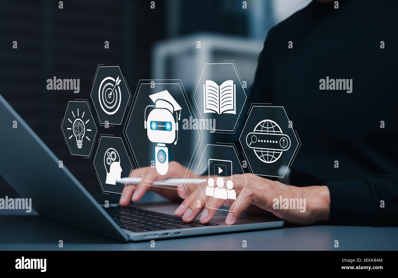 Tecnologia per l'istruzione DELL'INTELLIGENZA ARTIFICIALE e piattaforma di apprendimento digitale. studente che utilizza un notebook per imparare con il tutor chatbot intelligente, l'automazione della formazione, Foto Stock
