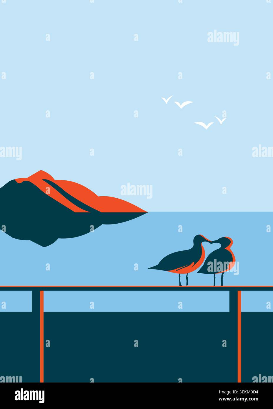 Illustrazione vettoriale piatta di uccelli costieri che riposano sulla costa con acque calme, colline lontane e uccelli marini volanti in un tranquillo paesaggio naturale. Illustrazione Vettoriale